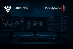 A high-tech, professional banner image for a blog about automating Interactive Brokers trading with TradingView and PickMyTrade