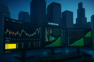 A modern financial trading setup with glowing Ninjatrader charts with real-time futures market data displayed on multiple monitors. In the background, a futuristic skyline of Chicago with the CME (Chicago Mercantile Exchange) building is visible.